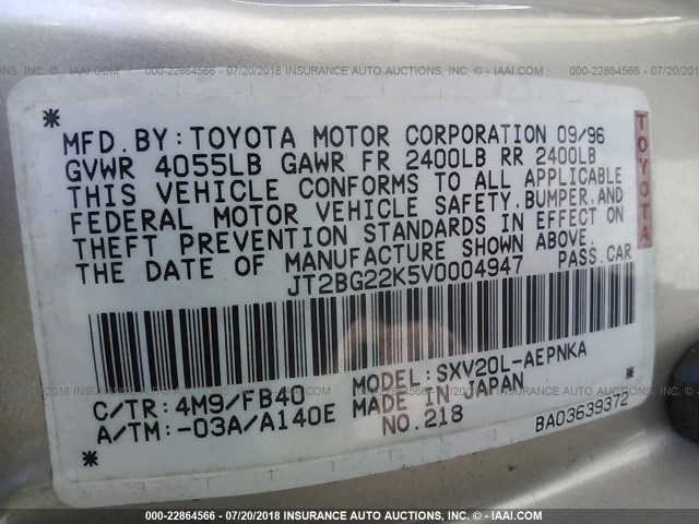 JT2BG22K5V0004947 - 1997 TOYOTA CAMRY LE/XLE Թուխ լուսանկար 9