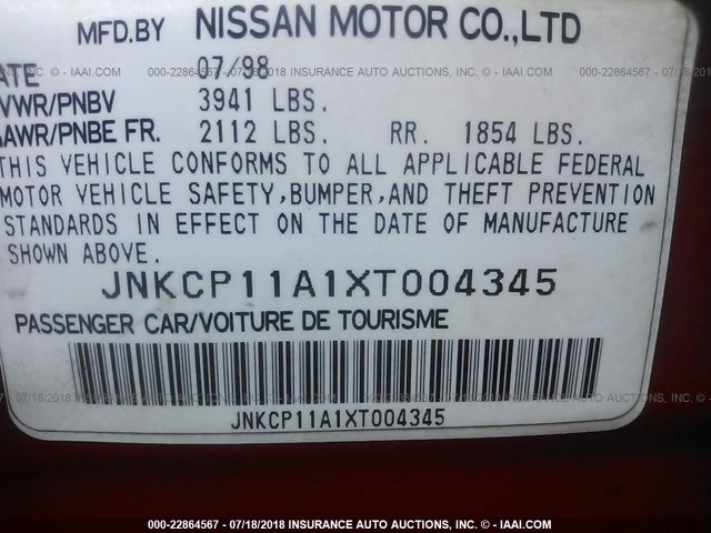 JNKCP11A1XT004345 - 1999 INFINITI G20 RED photo 9