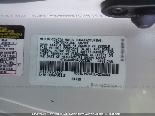 4T1CA30P94U003367 - 2004 TOYOTA CAMRY SOLARA SE/SLE თეთრი ფოტო 9