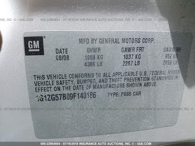 1G1ZG57B09F140186 - 2009 CHEVROLET MALIBU LS ოქროსფერი ფოტო 9