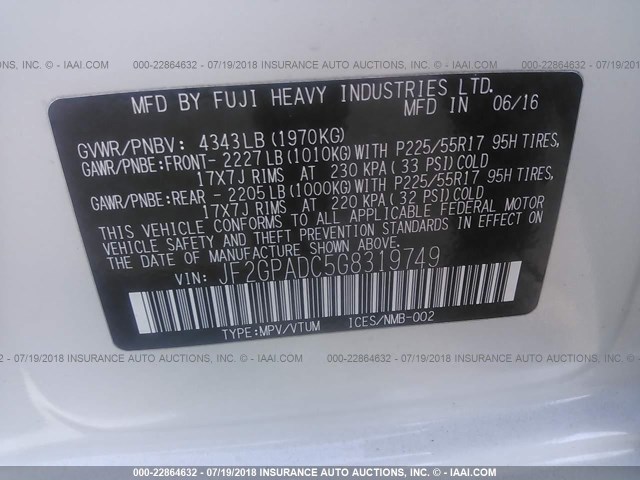 JF2GPADC5G8319749 - 2016 SUBARU CROSSTREK PREMIUM თეთრი ფოტო 9