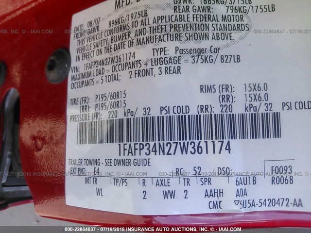 1FAFP34N27W361174 - 2007 FORD FOCUS ZX4/S/SE/SES RED photo 9