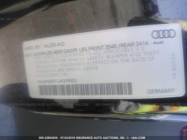 WAUP4AF51JA009603 - 2018 AUDI S5 PREMIUM PLUS BLACK photo 9