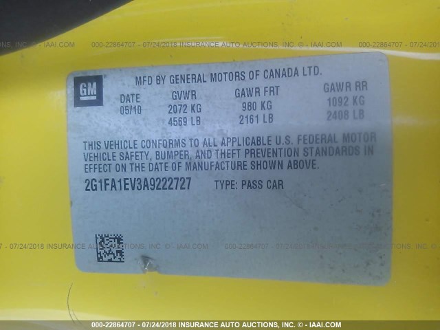 2G1FA1EV3A9222727 - 2010 CHEVROLET CAMARO LS YELLOW photo 9