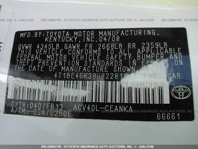 4T1BE46K39U822819 - 2009 TOYOTA CAMRY SE/LE/XLE თეთრი ფოტო 9