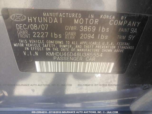 KMHDU46D48U385554 - 2008 HYUNDAI ELANTRA GLS/SE/LIMITED GRAY photo 9