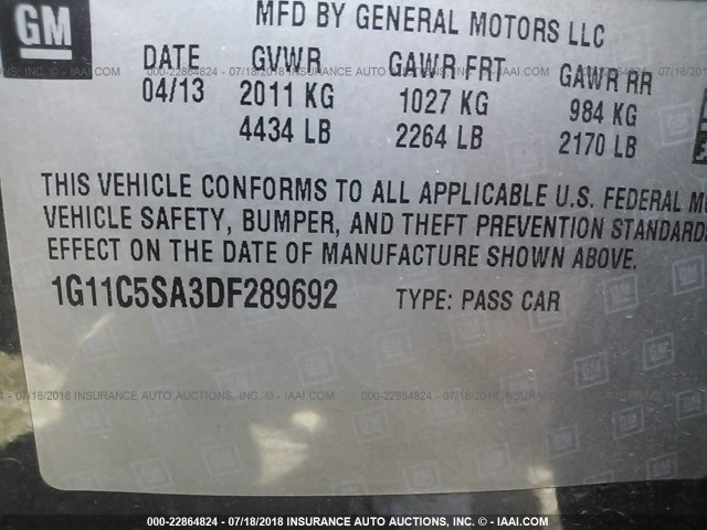 1G11C5SA3DF289692 - 2013 CHEVROLET MALIBU 1LT 灰色 照片 9