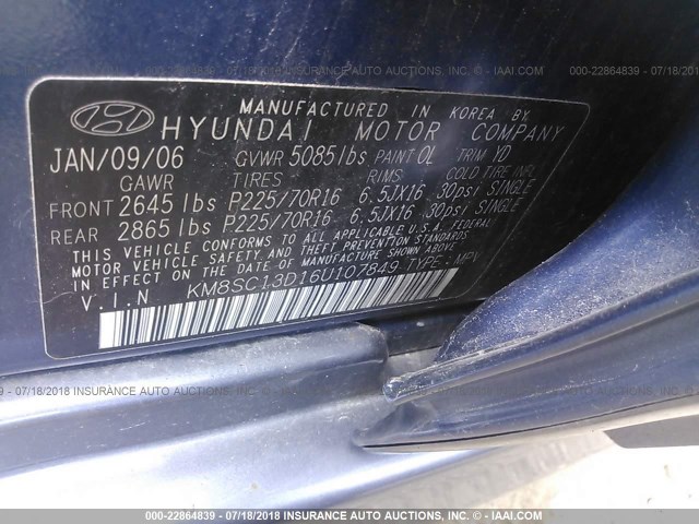 KM8SC13D16U107849 - 2006 HYUNDAI SANTA FE GLS/LIMITED BLUE photo 9