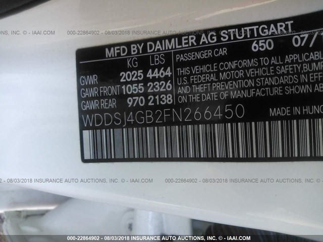 WDDSJ4GB2FN266450 - 2015 MERCEDES-BENZ CLA 250 4MATIC WHITE photo 9