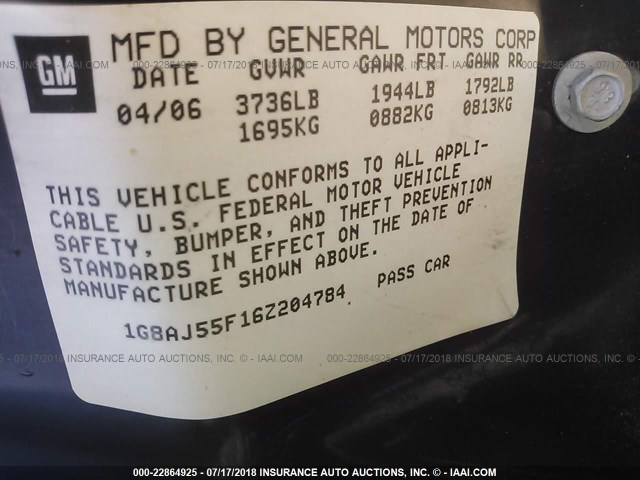 1G8AJ55F16Z204784 - 2006 SATURN ION LEVEL 2 Boz foto 9