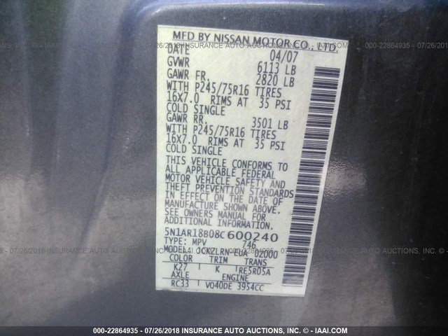 5N1AR18B08C600240 - 2008 NISSAN PATHFINDER S/LE/SE GRAY photo 9