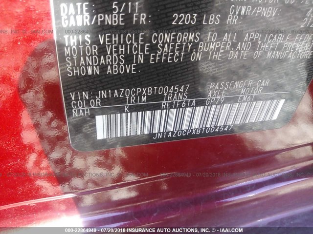 JN1AZ0CPXBT004547 - 2011 NISSAN LEAF SV/SL MAROON photo 9