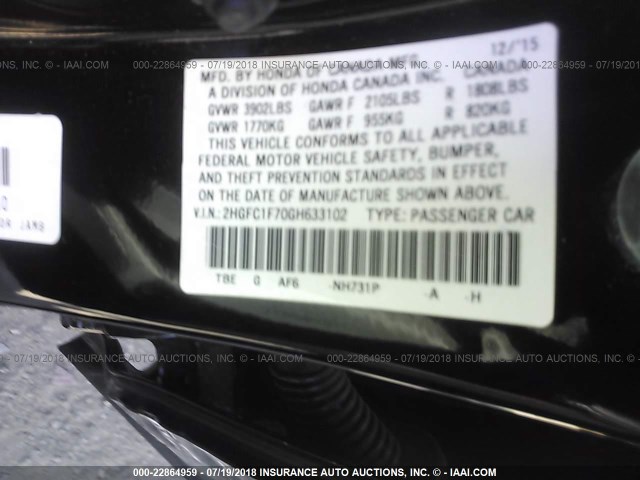 2HGFC1F70GH633102 - 2016 HONDA CIVIC EXL Qara foto 9