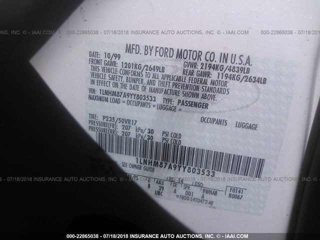 1LNHM87A9YY803533 - 2000 LINCOLN LS 白色 照片 9