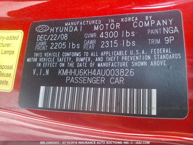 KMHHU6KH4AU003826 - 2010 HYUNDAI GENESIS COUPE 3.8L RED photo 9