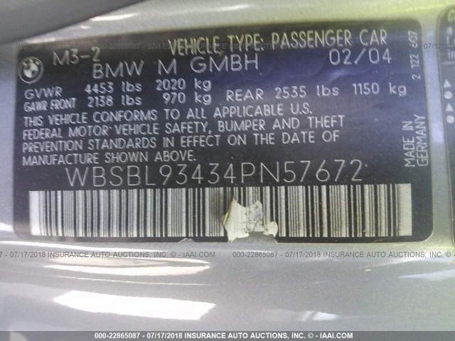 WBSBL93434PN57672 - 2004 BMW M3 SILVER photo 9