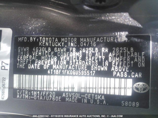 4T1BF1FK0GU595517 - 2016 TOYOTA CAMRY LE/XLE/SE/XSE 灰色 照片 9