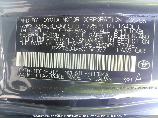 JTKKT604X60168557 - 2006 TOYOTA SCION XA GRAY photo 9