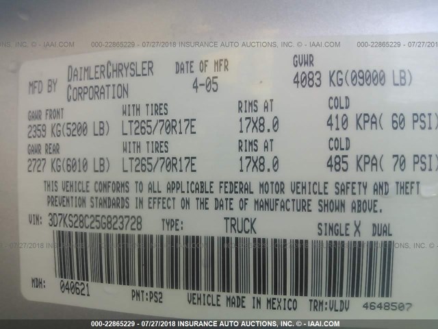 3D7KS28C25G823728 - 2005 DODGE RAM 2500 ST/SLT 银色 照片 9
