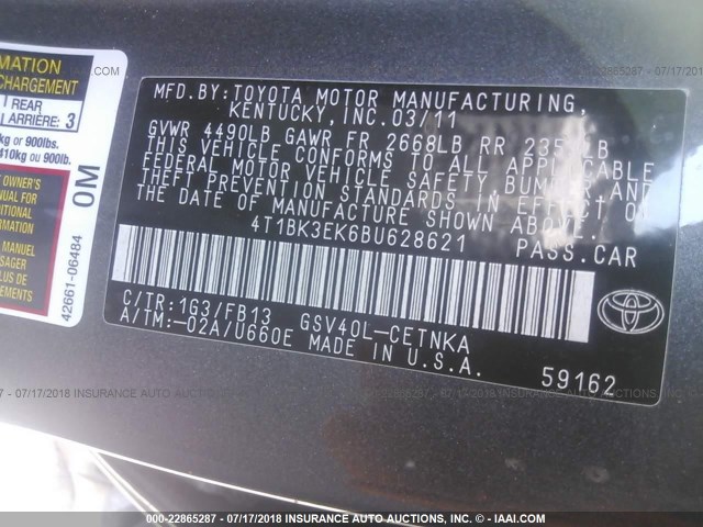 4T1BK3EK6BU628621 - 2011 TOYOTA CAMRY SE/LE/XLE ნაცრისფერი ფოტო 9