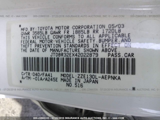 JTDBR32EX42022879 - 2004 TOYOTA COROLLA CE/LE WHITE photo 9