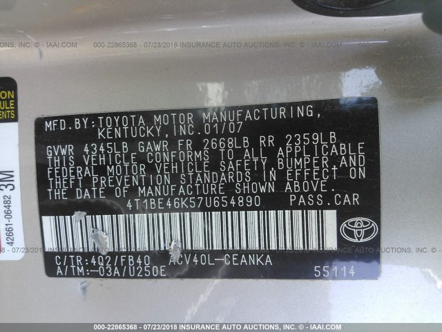 4T1BE46K57U654890 - 2007 TOYOTA CAMRY NEW GENERAT CE/LE/XLE/SE GOLD photo 9