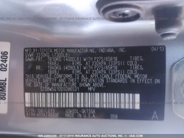 5TDBW5G10DS086531 - 2013 TOYOTA SEQUOIA SR5 SILVER photo 9