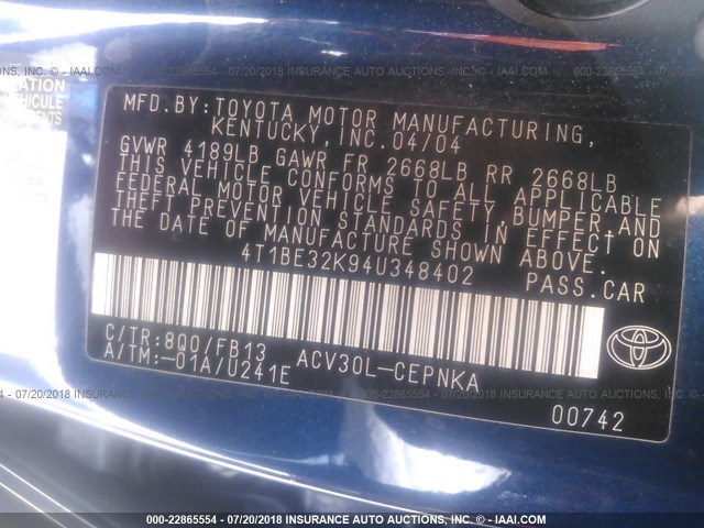 4T1BE32K94U348402 - 2004 TOYOTA CAMRY LE/XLE/SE BLUE photo 9
