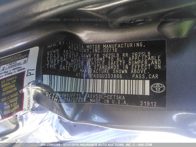 4T1BF1FK6GU203866 - 2016 TOYOTA CAMRY LE/XLE/SE/XSE 灰色 照片 9