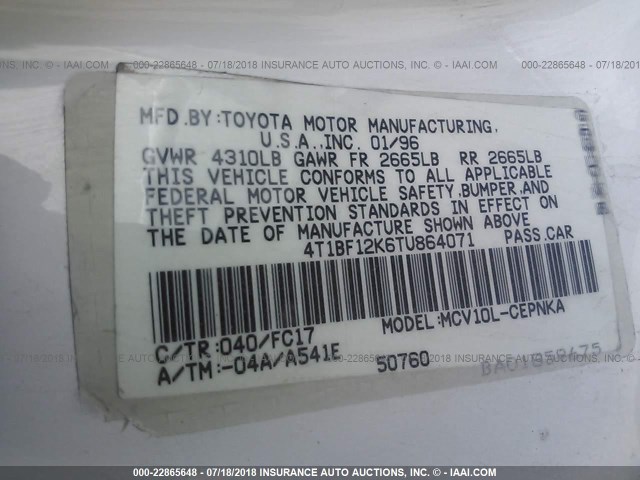 4T1BF12K6TU864071 - 1996 TOYOTA CAMRY LE/XLE/SE WHITE photo 9