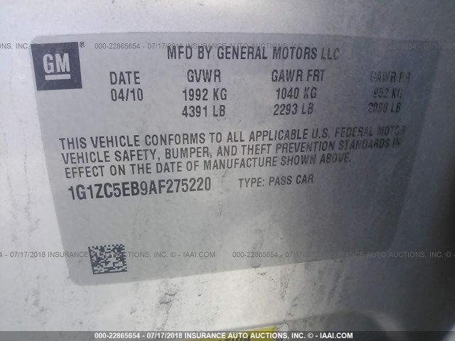 1G1ZC5EB9AF275220 - 2010 CHEVROLET MALIBU 1LT 银色 照片 9