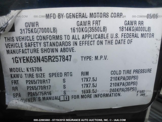 1GYEK63N45R257847 - 2005 CADILLAC ESCALADE LUXURY ლურჯი ფოტო 9