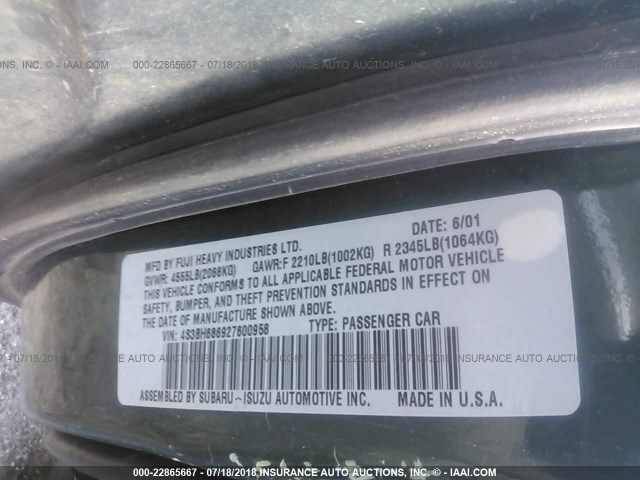 4S3BH686927600958 - 2002 SUBARU LEGACY OUTBACK LIMITED GREEN photo 9