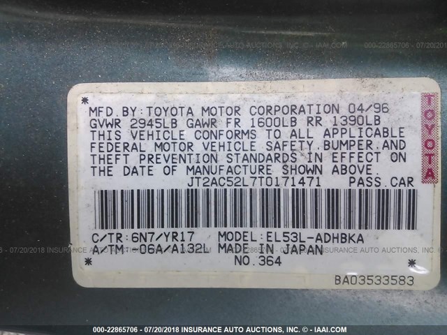 JT2AC52L7T0171471 - 1996 TOYOTA TERCEL STD/DX GREEN photo 9