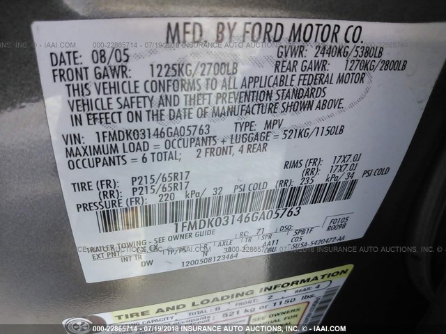 1FMDK03146GA05763 - 2006 FORD FREESTYLE LIMITED GRAY photo 9