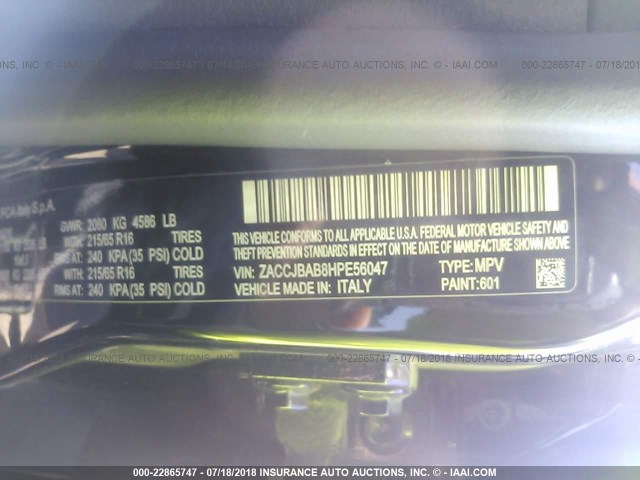 ZACCJBAB8HPE56047 - 2017 JEEP RENEGADE SPORT Սև լուսանկար 9