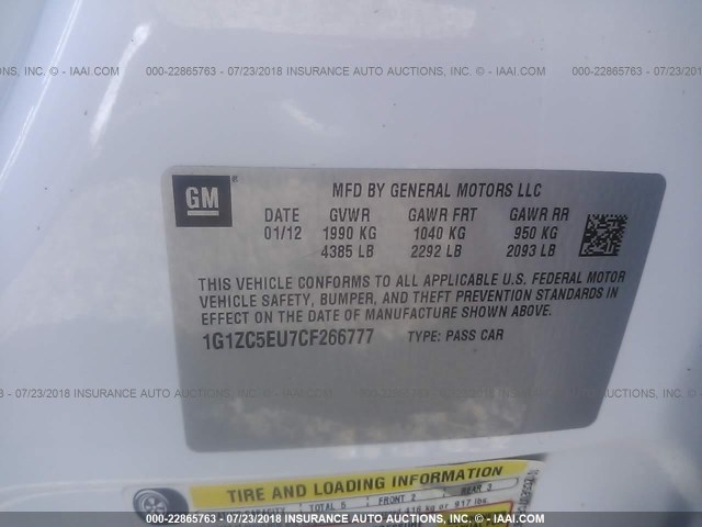 1G1ZC5EU7CF266777 - 2012 CHEVROLET MALIBU 1LT 白色 照片 9