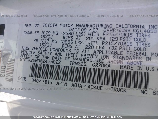5TETX22N38Z475022 - 2008 TOYOTA TACOMA ACCESS CAB Ақ фото 9