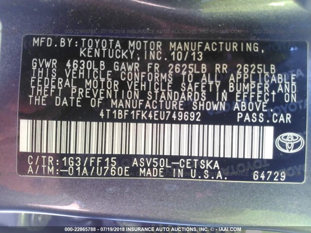 4T1BF1FK4EU749692 - 2014 TOYOTA CAMRY L/SE/LE/XLE 灰色 照片 9