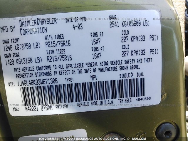 1J4GL48K33W671306 - 2003 JEEP LIBERTY SPORT/FREEDOM მწვანე ფოტო 9