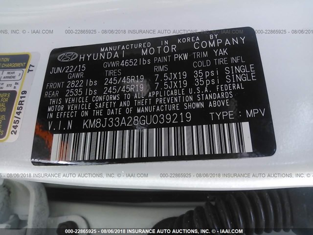 KM8J33A28GU039219 - 2016 HYUNDAI TUCSON LIMITED/SPORT AND ECO/SE WHITE photo 9