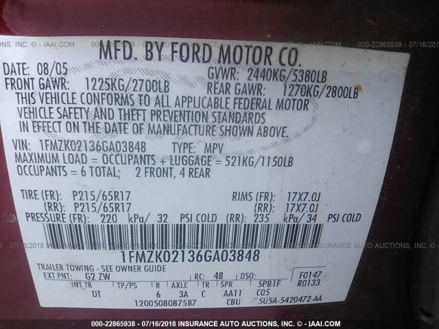 1FMZK02136GA03848 - 2006 FORD FREESTYLE SEL RED photo 9