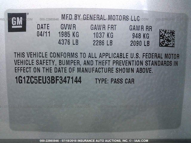 1G1ZC5EU3BF347144 - 2011 CHEVROLET MALIBU 1LT 银色 照片 9