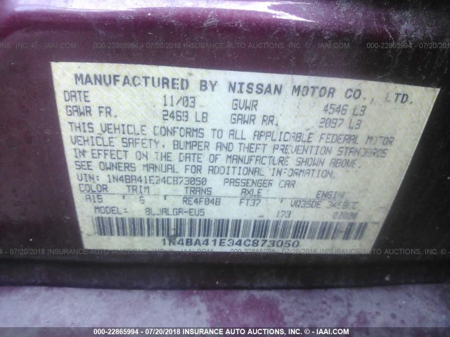 1N4BA41E34C873050 - 2004 NISSAN MAXIMA SE/SL RED photo 9