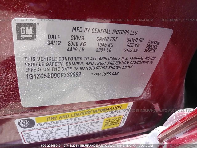 1G1ZC5E09CF339662 - 2012 CHEVROLET MALIBU 1LT 红色 照片 9