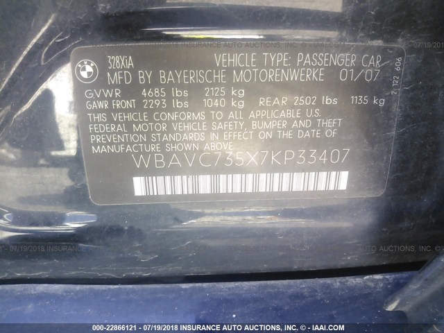 WBAVC735X7KP33407 - 2007 BMW 328 XI SULEV BLACK photo 9