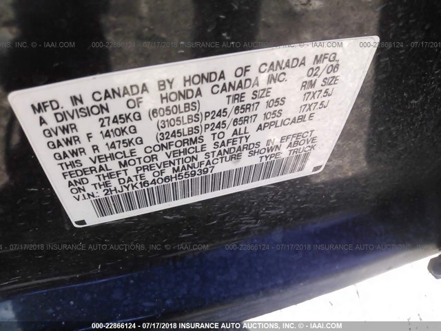 2HJYK16406H559397 - 2006 HONDA RIDGELINE RTS BLACK photo 9