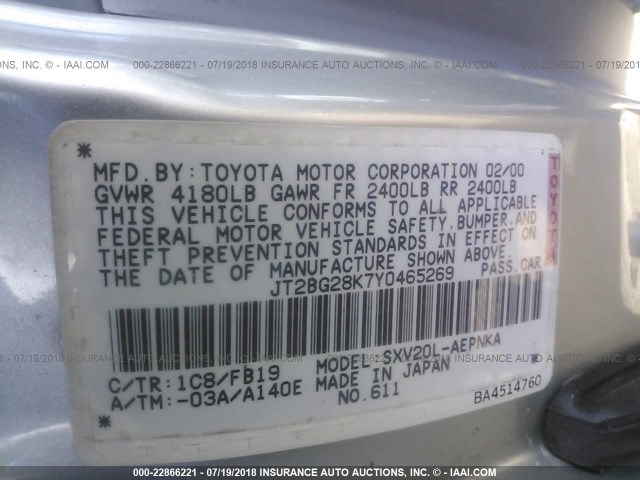 JT2BG28K7Y0465269 - 2000 TOYOTA CAMRY LE/XLE SILVER photo 9