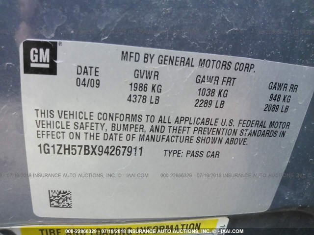 1G1ZH57BX94267911 - 2009 CHEVROLET MALIBU 1LT GRAY photo 9