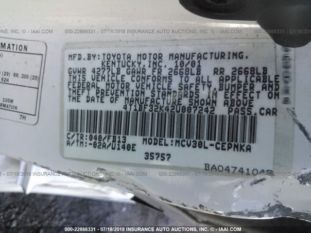 4T1BF32K42U007242 - 2002 TOYOTA CAMRY LE/XLE/SE 白色 照片 9